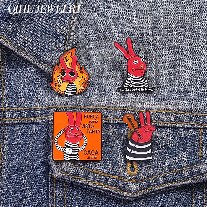 Humorous Anime Character Enamel Pins Red Eared Rabbit Brooch for Backpack and Jewelry Gifts