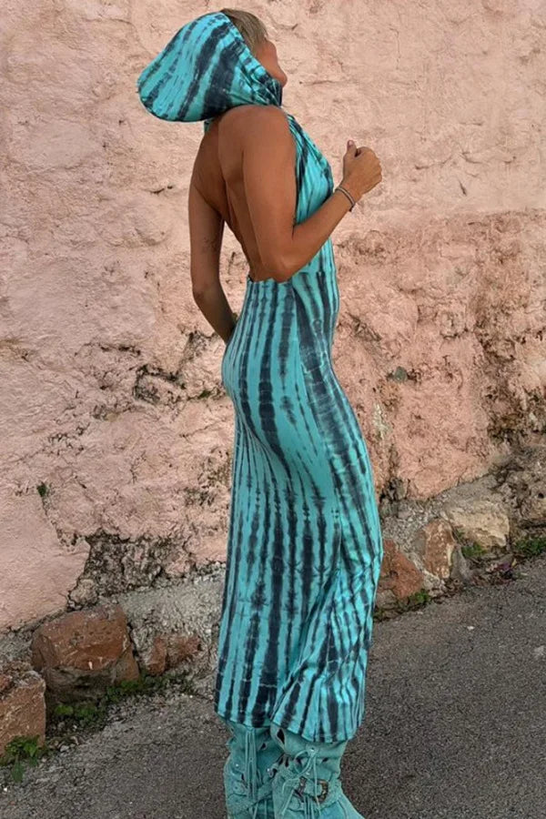Open Back Maxi Dress Hooded Tie Dye Ethnic Style Chic