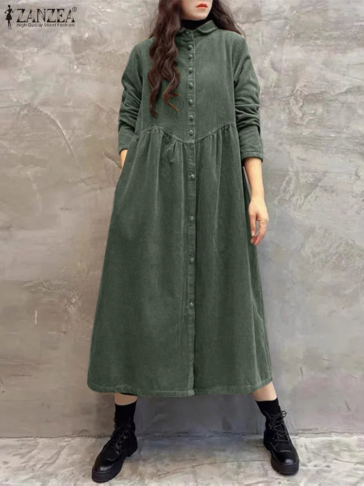 Women Autumn Corduroy Dress With Button Front And Pockets