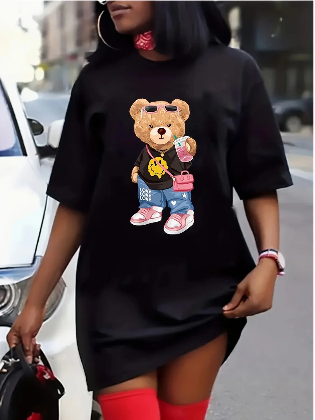 Women's Summer Bear Print T Shirt Dress Oversized Round Neck