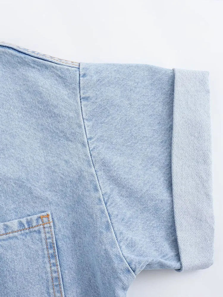 Women's Denim Short Jumpsuit Slim Fit with Lapel Collar Curled Short Sleeves and Patch Pockets Summer Casual Romper