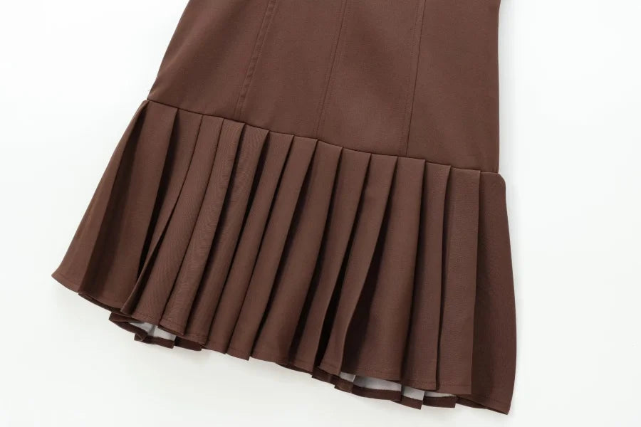 3D Cutout Mini Dress Pleated Skirt Brown Sleeveless