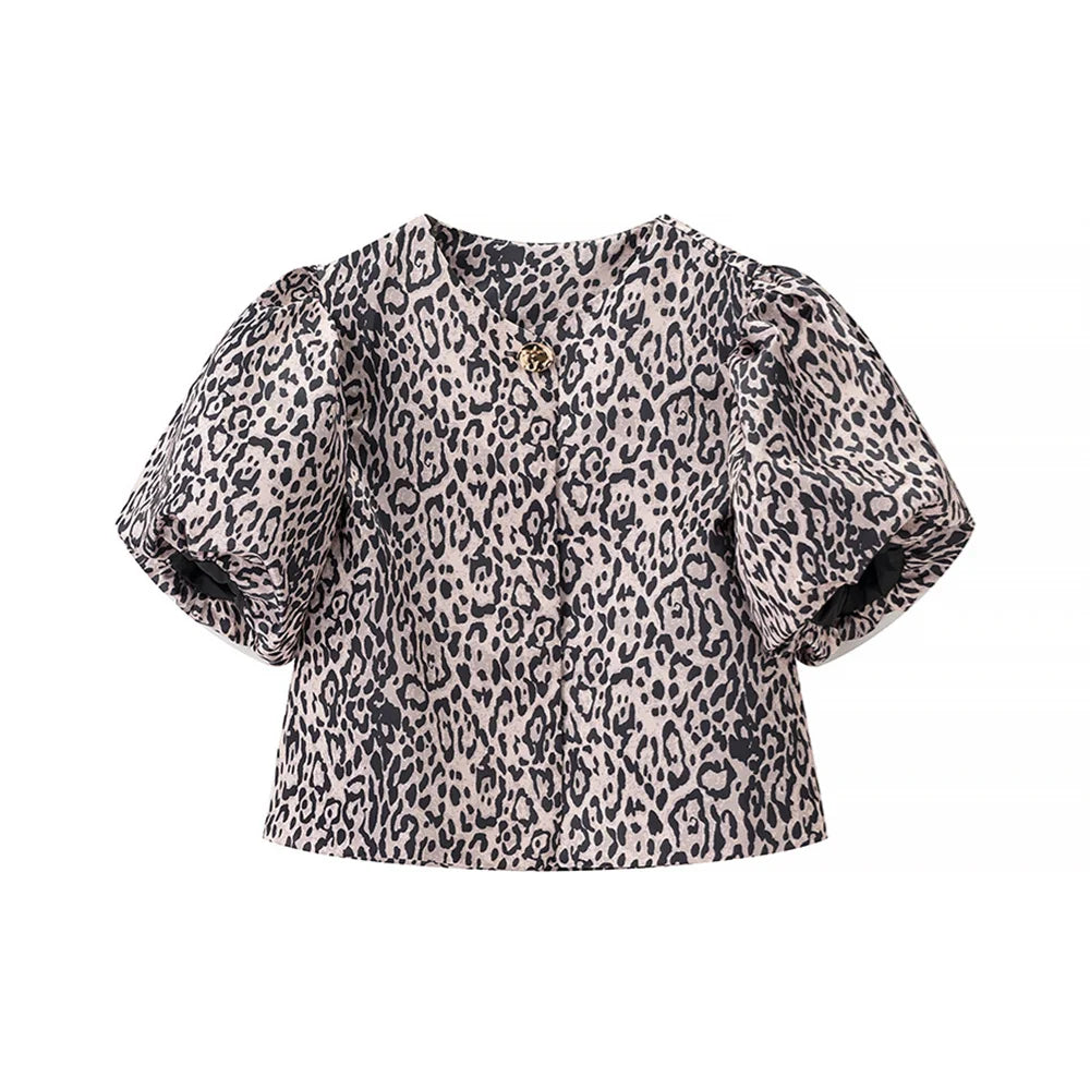 Women's Casual Bubble Sleeve Shirt with Round Neck and Button Detail Lightweight Summer Top