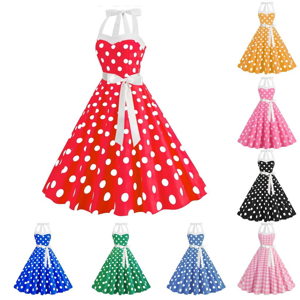 Ladies Vintage Polka Dot Backless Lace Up Swing Dress