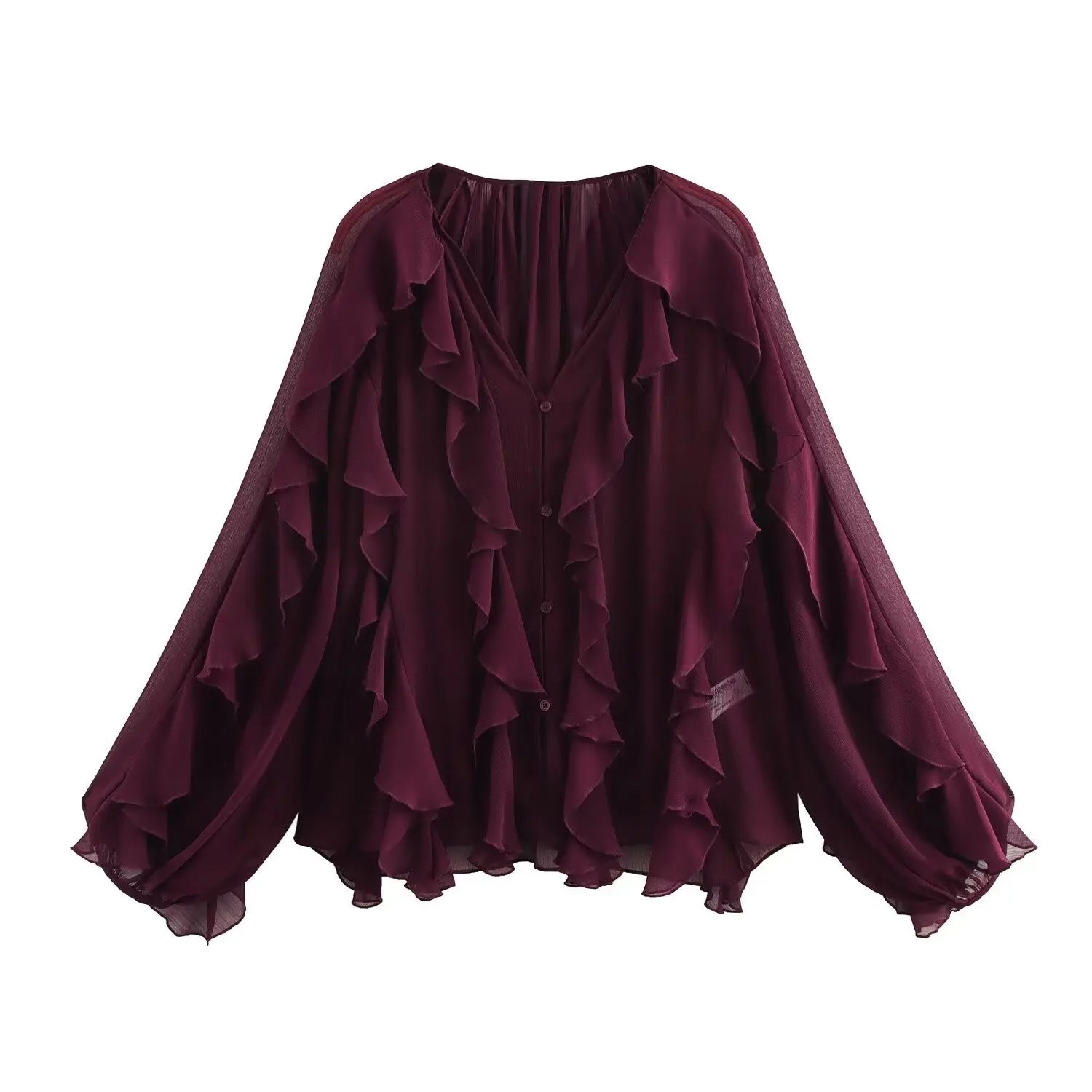Sexy Translucent Ruffle Blouse for Women V Neck Single Breasted Tiered Casual Beach Shirt