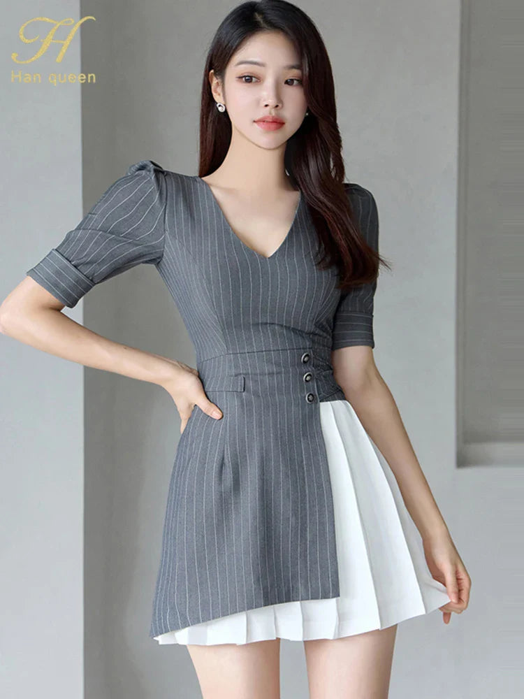 Vintage Elegant Striped Puff Sleeve Dress For Office Party