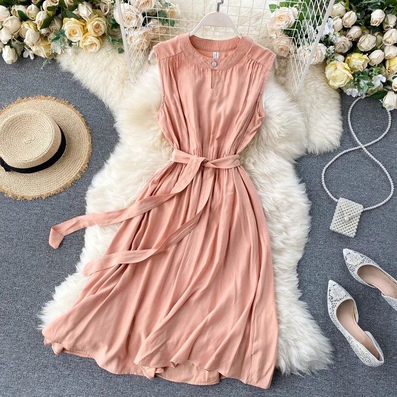 Sleeveless Summer Dress Solid Colors Green Blue Yellow Casual