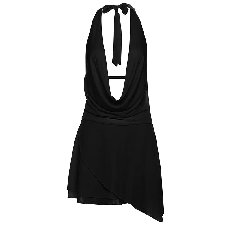 Summer Mini Dress Solid Sleeveless Backless V Neck Halter