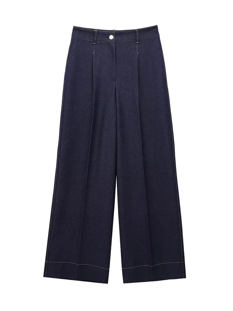 Fashion Women Solid Jacket and Wide Leg Pant Set with Cropped Coat and Zipper Details