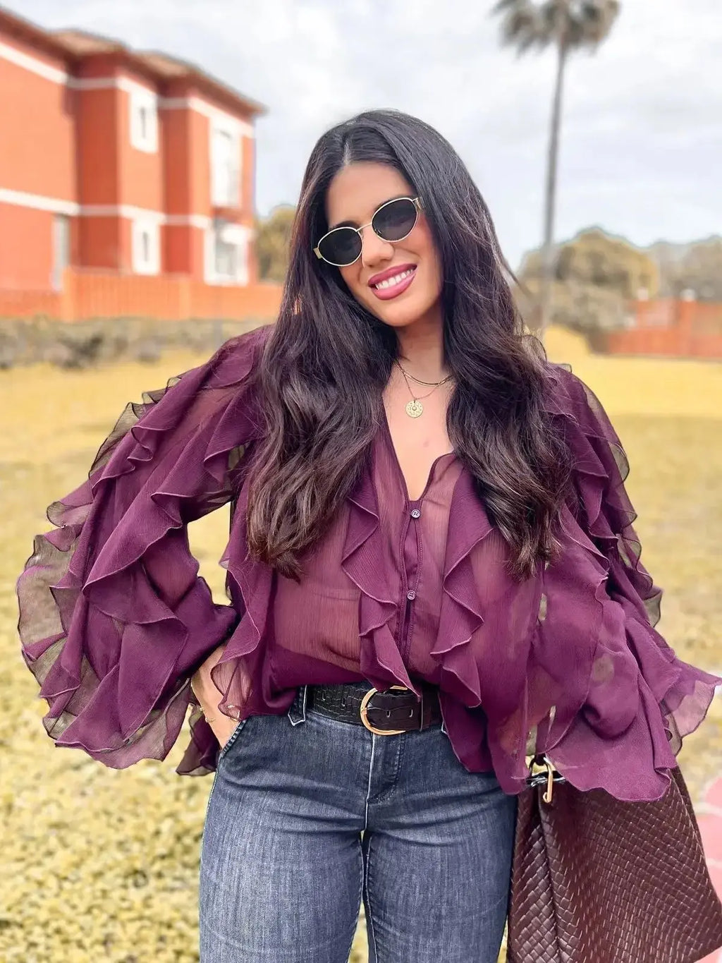 Women's Burgundy Ruffle Layer Casual Blouse Long Sleeve Loose Fit Button-Front Shirt High Street Fashion Top