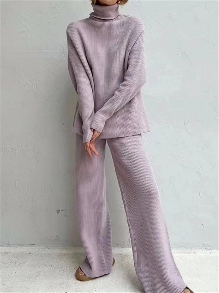 Knitted Tracksuit Set for Women with Turtleneck Sweater and Wide Leg Jogging Pants Pullover Suit