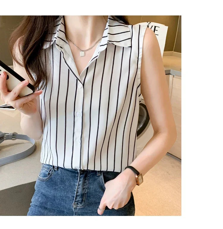 Striped Sleeveless Chiffon Blouse for Women Summer Vest Casual Lightweight Tops Basic White Shirt