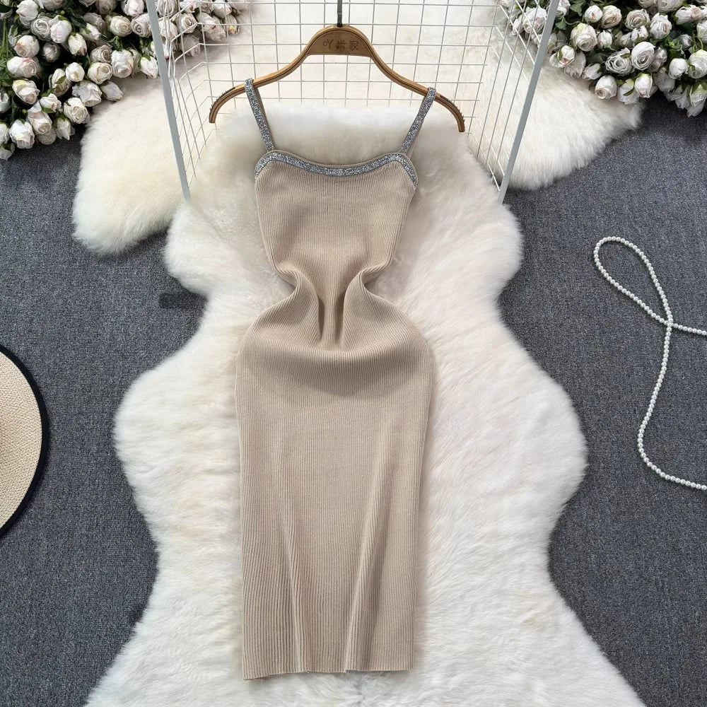 Knit Bodycon Mini Dress With Shimmer Straps For Women