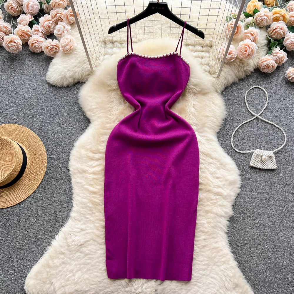 Pearl Design Knitted Bodycon Dress For Party And Streetwear