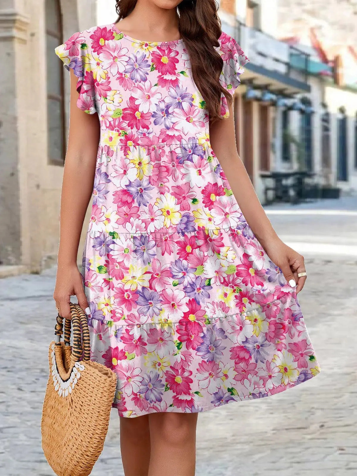 Summer Knit Print Casual Dress With Flowy Sleeves For Women