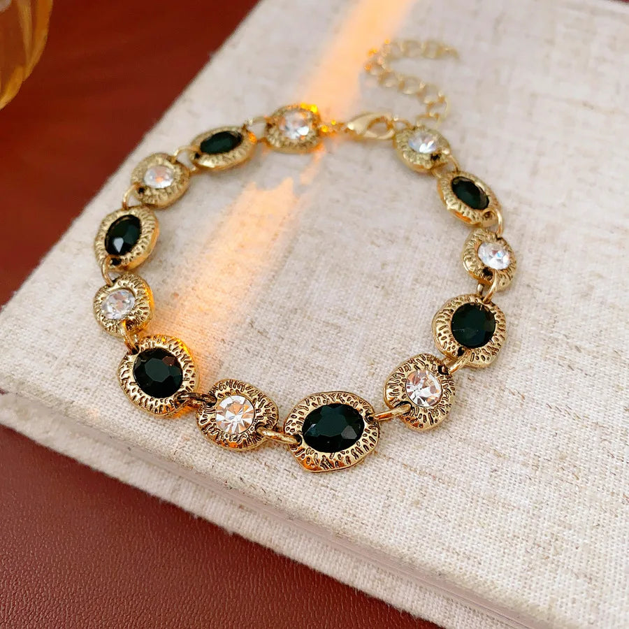 Luxury Green Rhinestone Crystal Bracelet for Women with Gold Color Link Chain - Vintage Geometric Design for Party Wedding or Bridal Jewelry Gifts