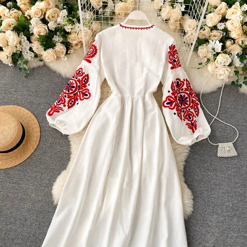 Bohemian Embroidered Floral Dress With Lantern Sleeve