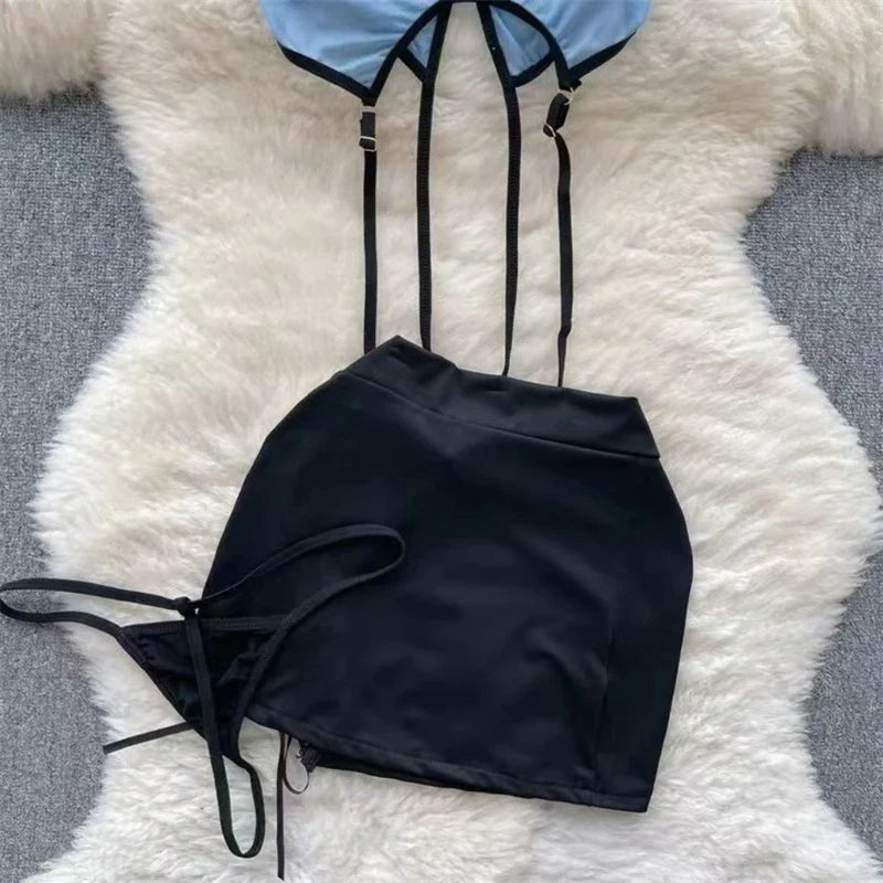 Women Preppy Sexy Uniform Set Sheer V Neck Top Lace Up Mini Skirt Hollow Out Thong Lingerie Cosplay Costume