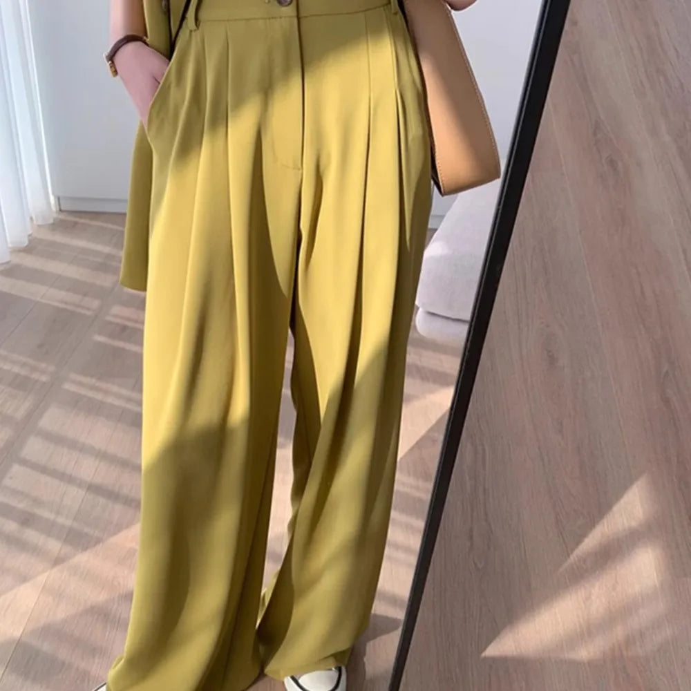 Short Sleeve Wide Leg Pants Blazer Suit Set for Women Summer Business Casual Attire