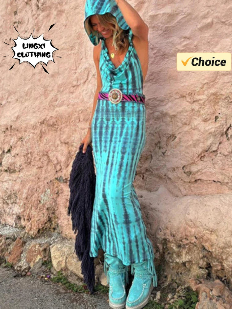 Open Back Maxi Dress Hooded Tie Dye Ethnic Style Chic