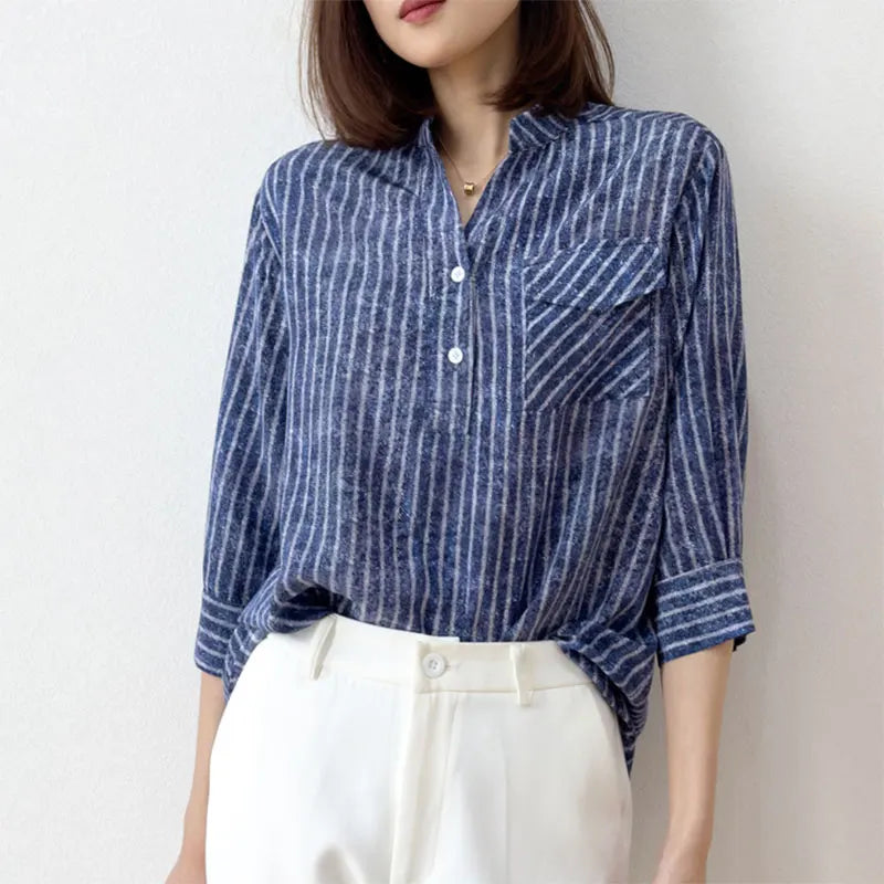 Women 100 Percent Mulberry Crepe Silk Shirt Blue Jeans Stripe Printed Three Quarter Sleeve Pullover Blouse Elegant Office Top in M L XL