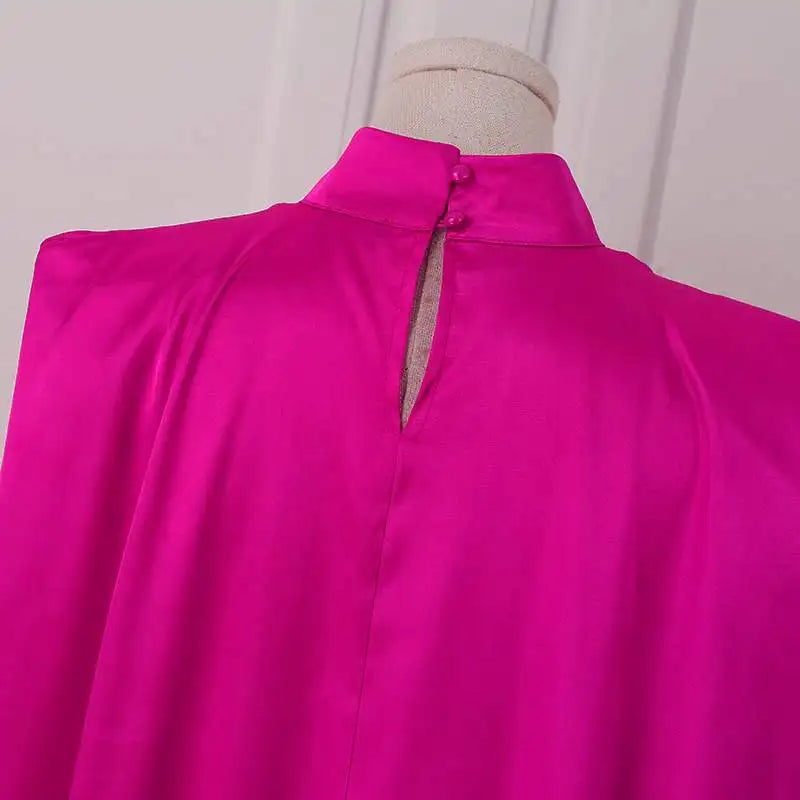 Satin Pleated Evening Dress With Stand Collar Long Sleeve