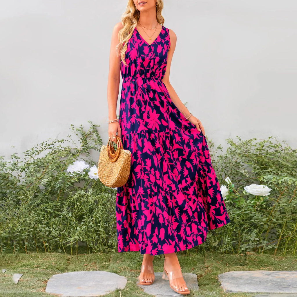 Floral Summer Dress With V Neck Suspender Flowing Fit