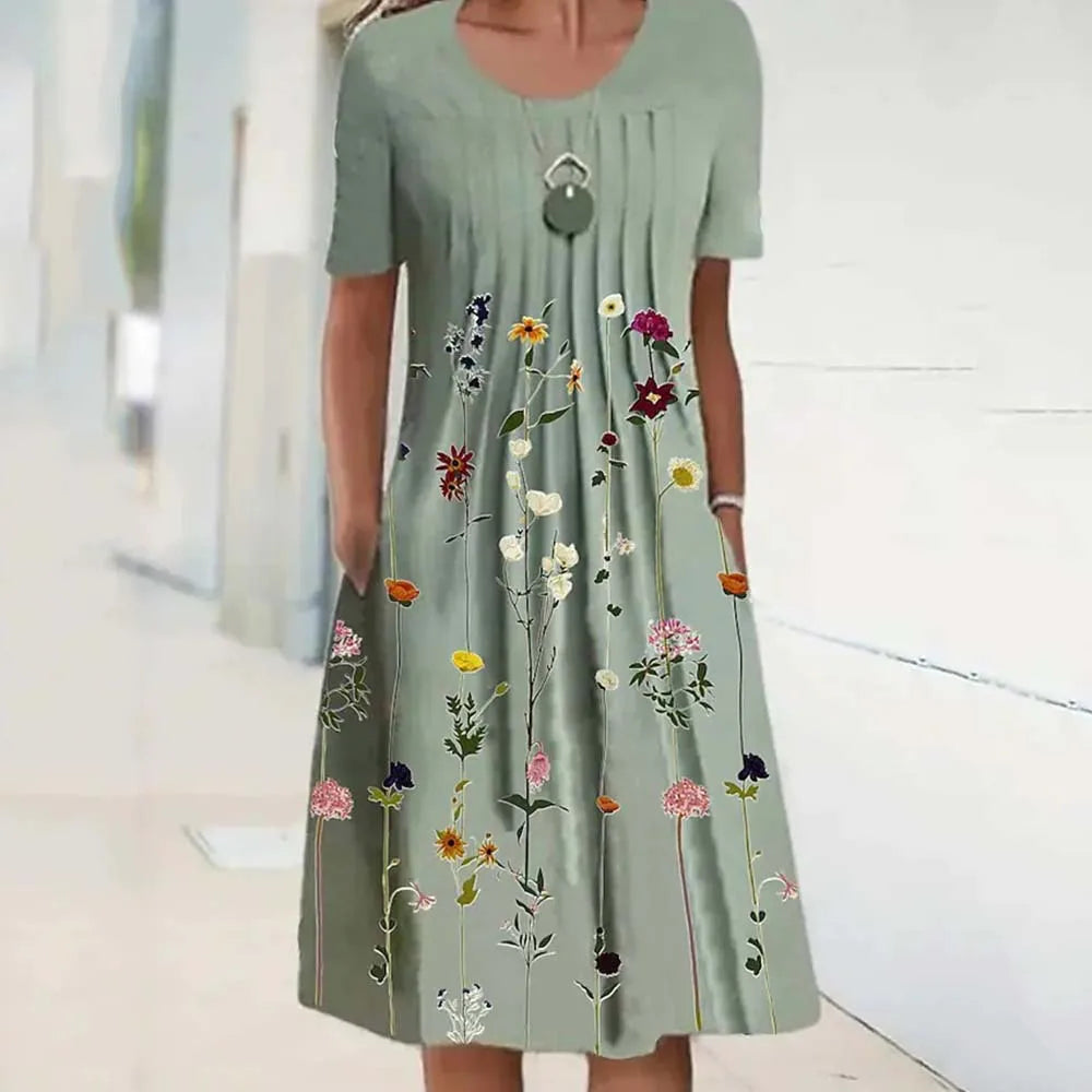 Summer Floral Print Midi Dress For Women Loose Swing