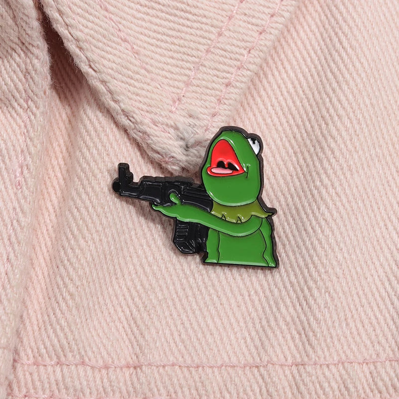 Frog And Gun Enamel Pin Cute Animal Brooch Custom Design Lapel Badge Jewelry Gift for Friends