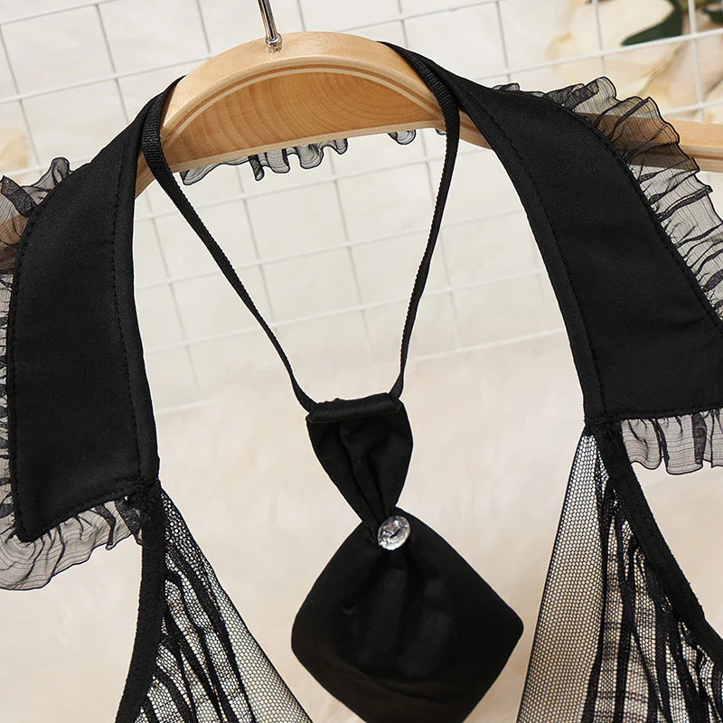 Sexy French-Inspired Lingerie Set with Button Straps Patchwork Short Skirt V-Neck Bow Tie 4-Piece Erotic Cosplay Underwear Suit