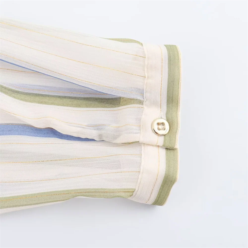 Women's Fashionable Casual Striped Lapel Shirt Long Sleeve Versatile Metal Tone Accent Autumn Blouse