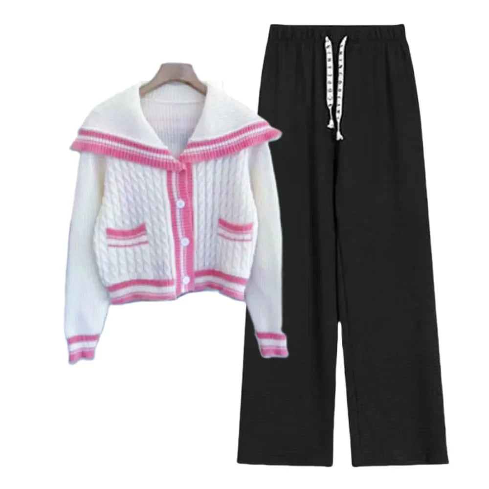 Preppy Style Knitted Two Piece Set with Sailor Collar Sweater and Elastic Pants for Women's Korean Sportswear