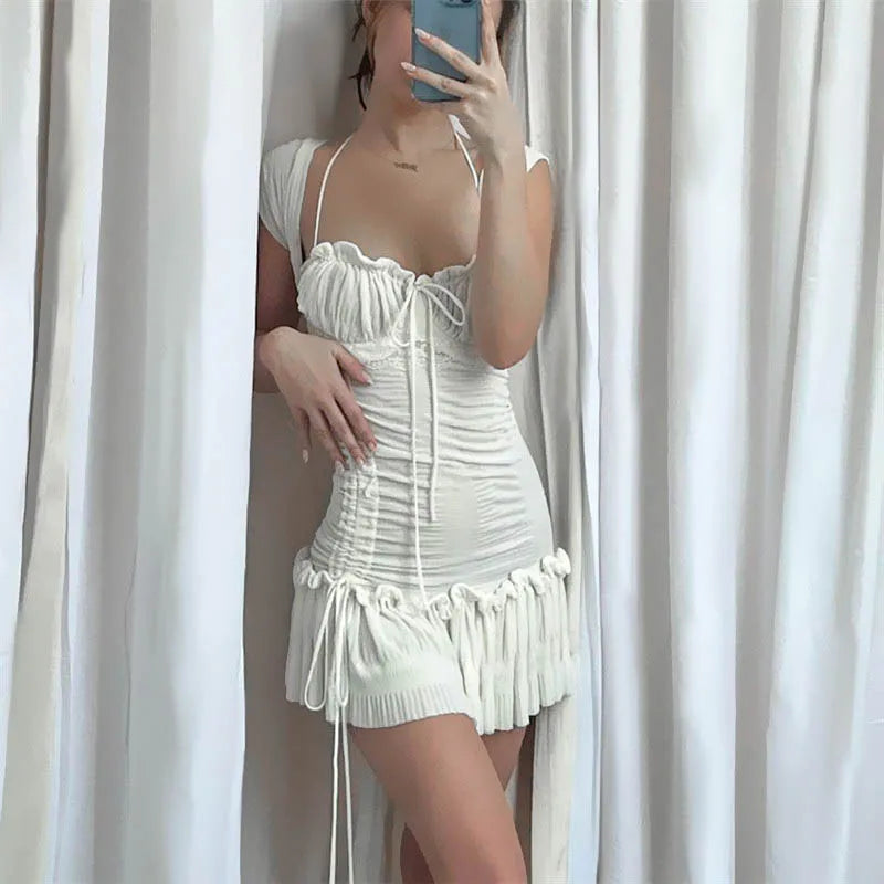 Casual Square Neck Mini Dress With Ruffles Bow Trim
