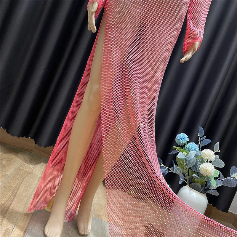 Rhinestone See Through Club Dress With Fishnet Details