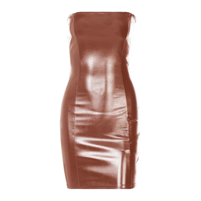 Strapless PU Leather Mini Dress For Party Club Wear