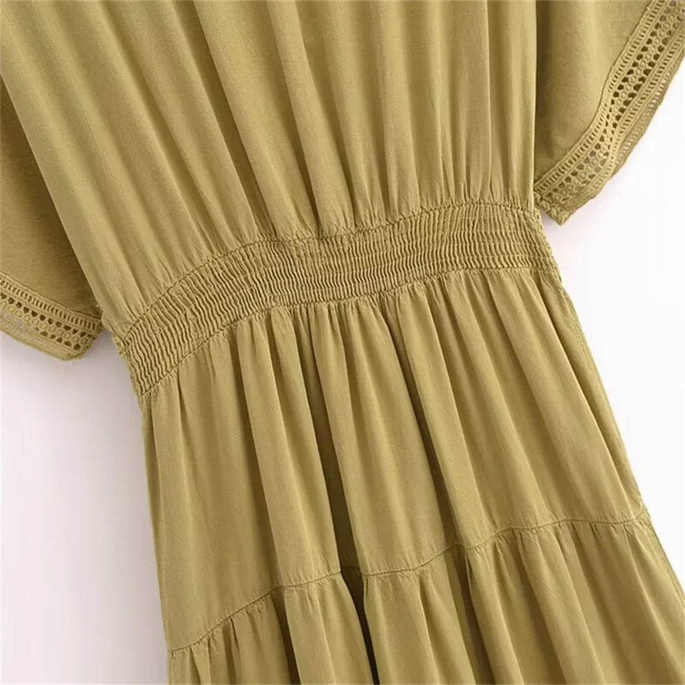 Summer Womens V Neck Lace Shirt Dress Long Casual Fit