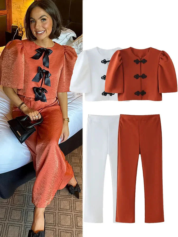 Women's Summer 2-Piece Set Solid Color Puff Sleeve Shirt and Zipper Mid-Rise Street Pants