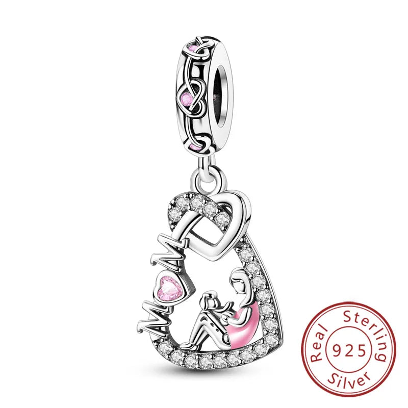 925 Sterling Silver Love Heart Family Charm Bead Pendant for Women's Bracelet Jewelry Gift