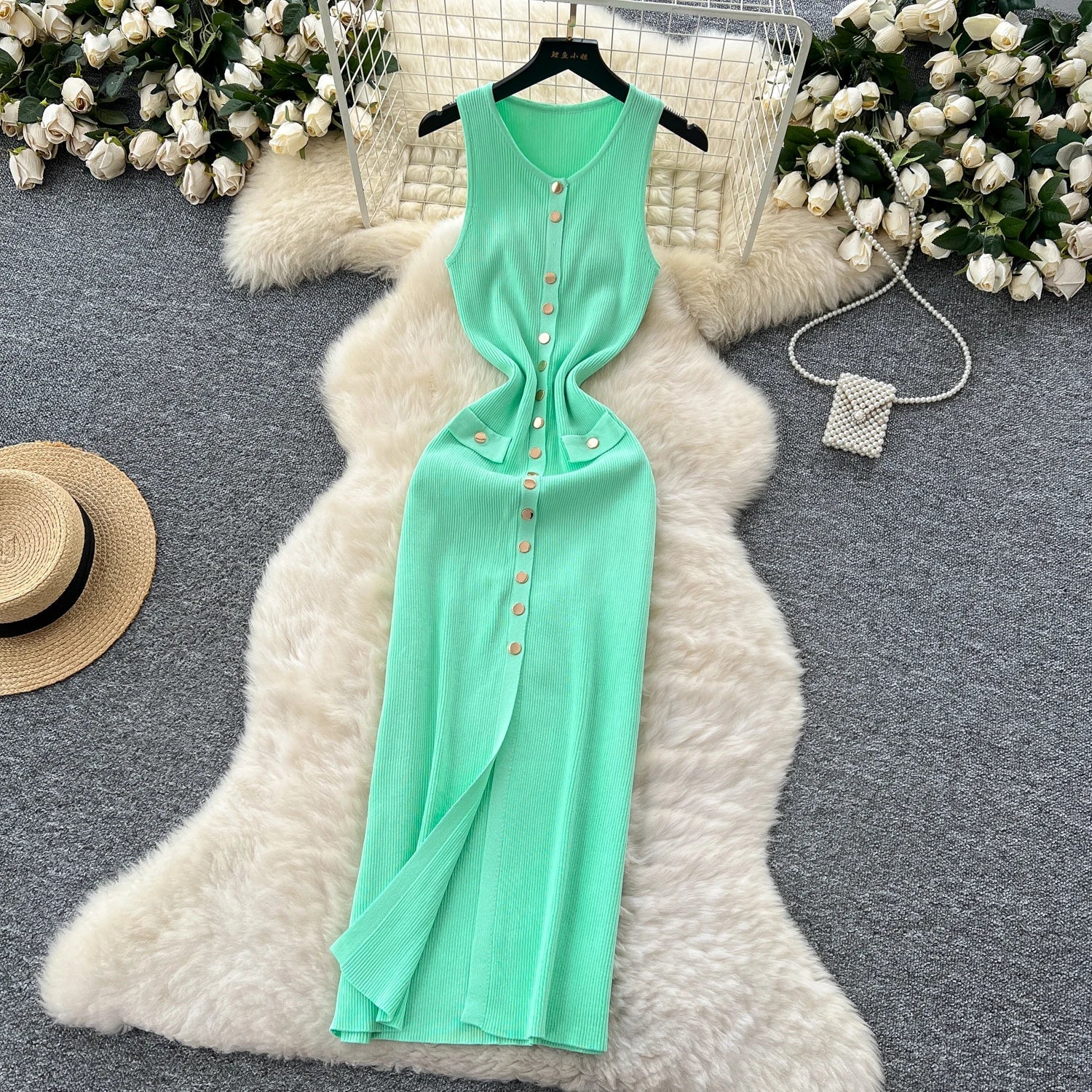 Elegant Solid Knitted O Neck Sleeveless Midi Dress Buttons