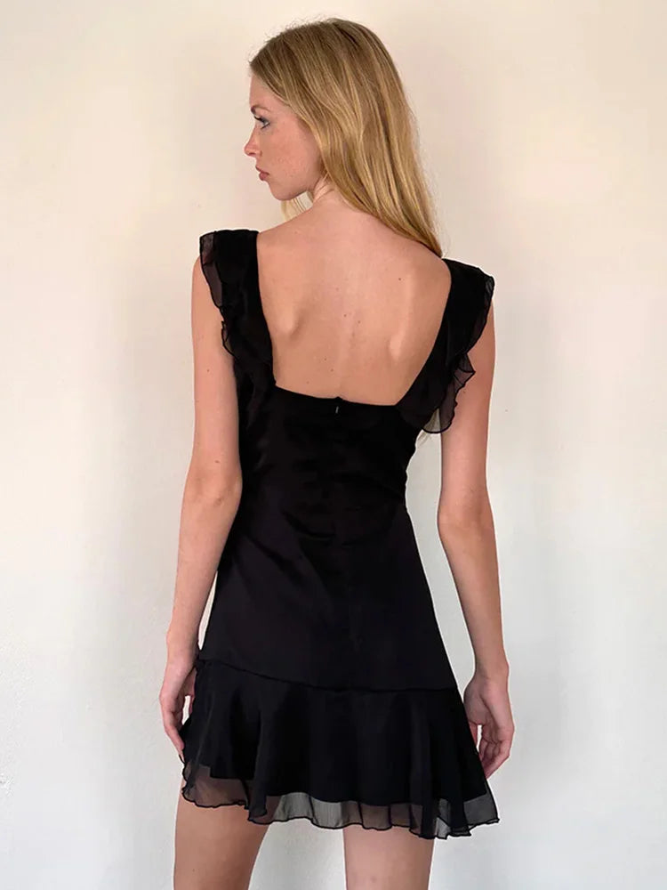 Sexy Tassels Patchwork Chiffon Mini Dress Sleeveless Zipper