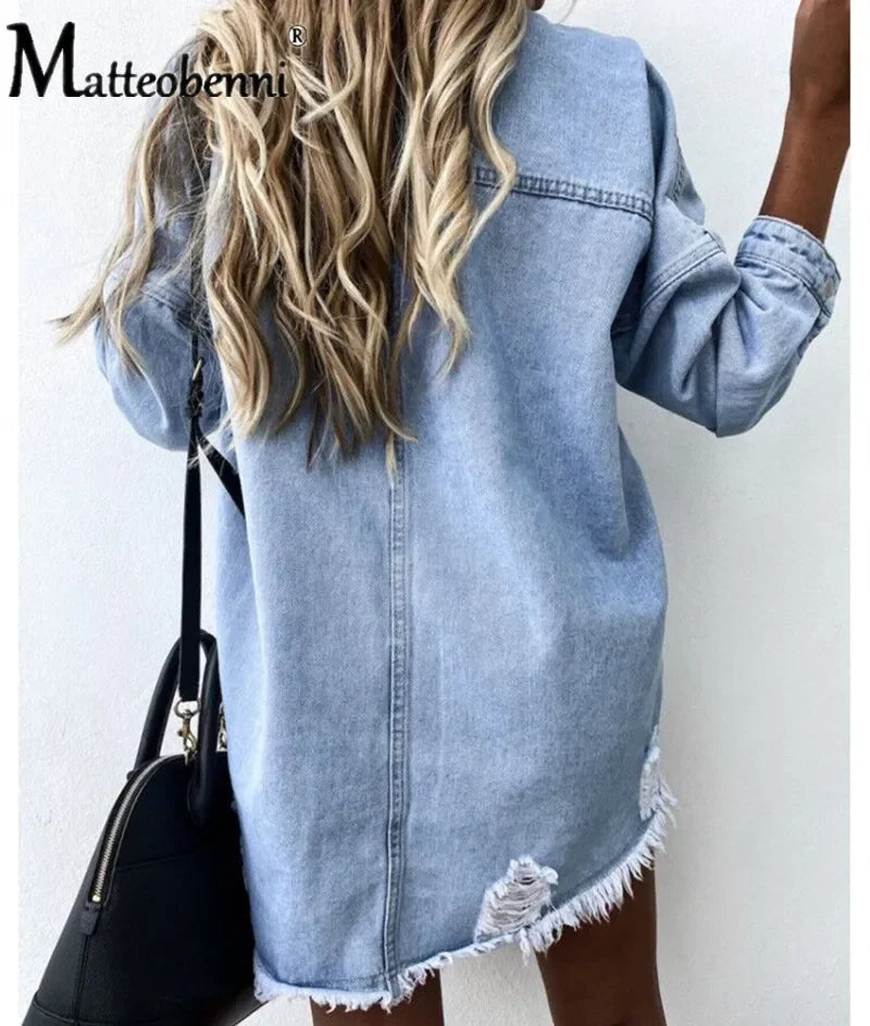 Women's Long Sleeve Denim Shirt with Ripped Details Mid-Length Button-Up Boyfriend Fit Casual Loose Top