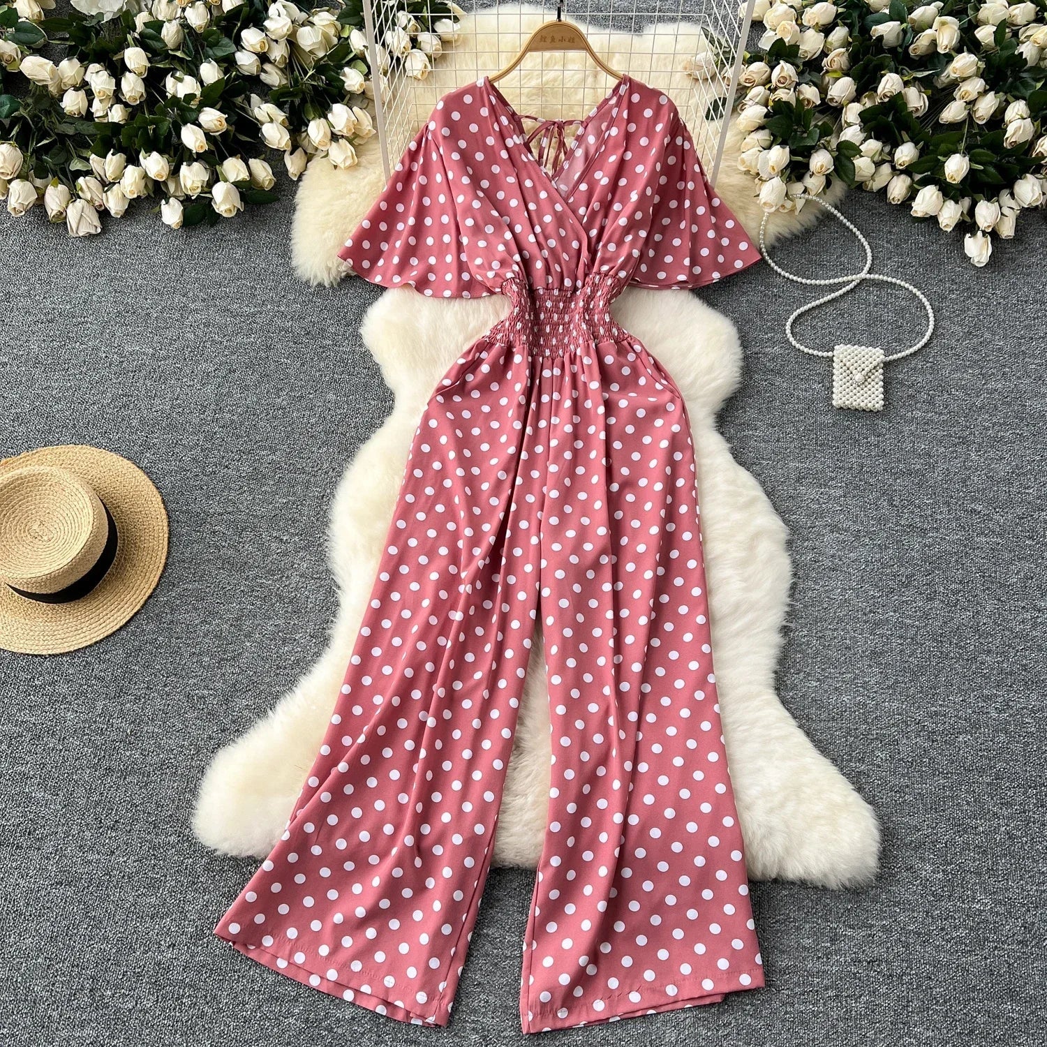 Polka Dot Romper Jumpsuit Women V Neck High Waist Wide Leg