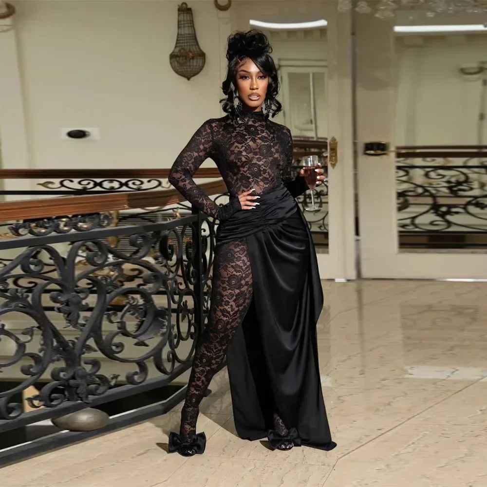 Sexy Sheer Floral Lace Jumpsuit with Overlay Skirt Stretchy Skinny One Piece Romper for Nightclub Party Women Clubwear