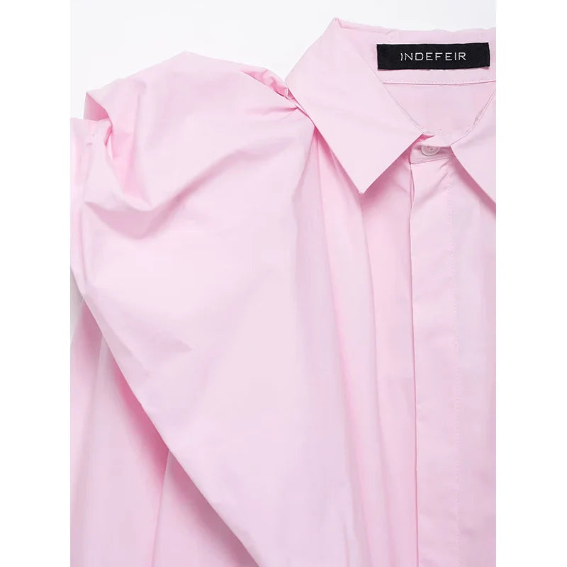 Women Long Sleeve Blouse with Turn Down Collar Pink Spring Top Chic Shoulder Design Office Shirt for Ladies
