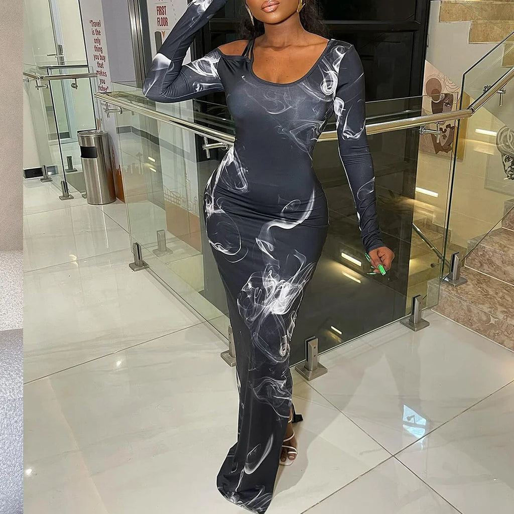 Women's Long Sleeve Printed Mesh Midi Dress Round Neck