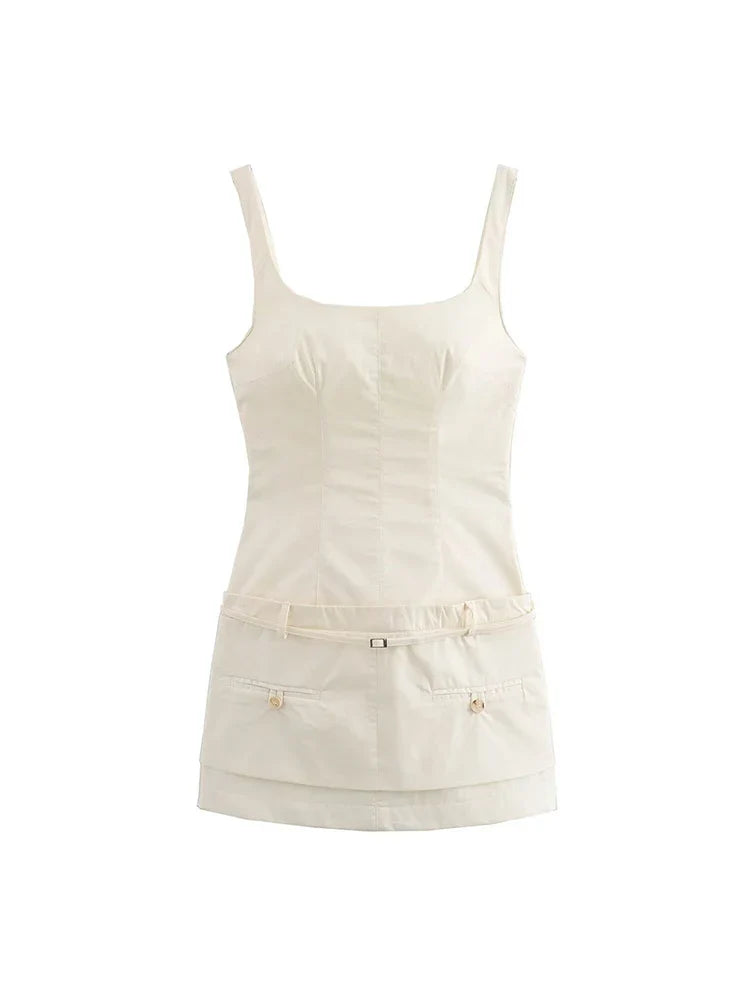 Square Neck Sleeveless Patchwork Dress With Belt For Party