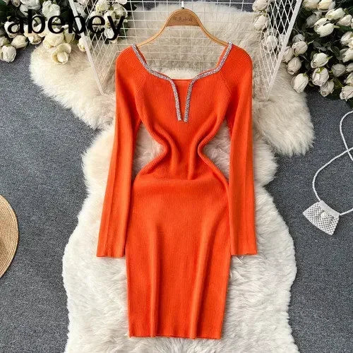 Knit Bodycon Dress For Women Long Sleeve Winter Sweater