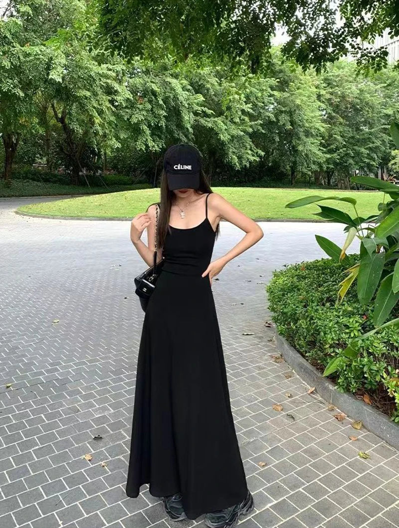 Black Backless Spaghetti Strap Dress Women Elegant Slim
