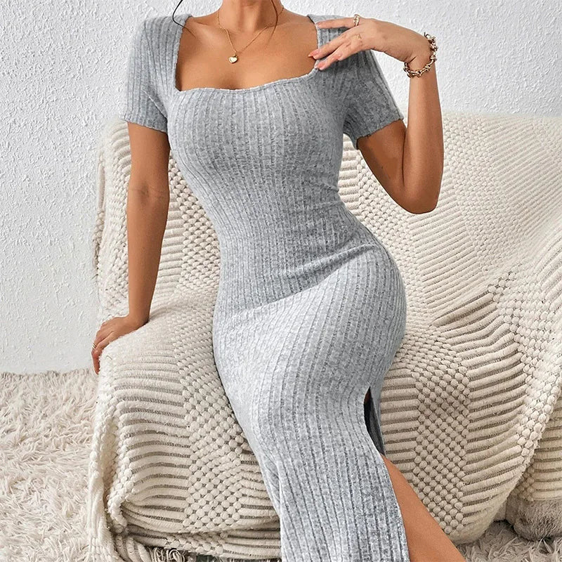 Sexy French Square Neck Rib Knit Wrap Dress With Side Slit