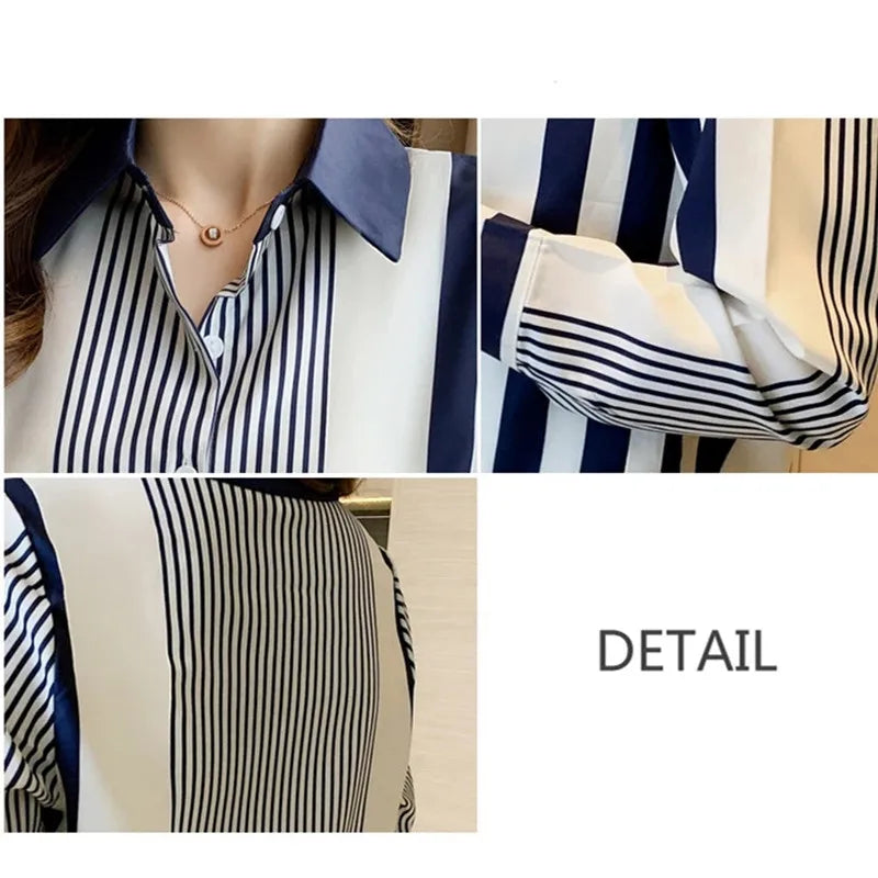Women's Blue Striped Long Sleeve Shirt Button Up Polo Neck Blouse Casual Leisure Top
